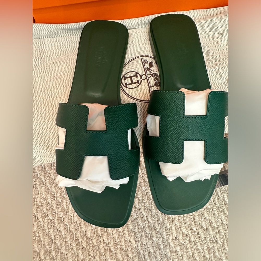 NWT Hermes Oran Sandal Sz 38 SOLDOUT Color Green Vert Cactus with Box, Dust Bags - Picture 7 of 7
